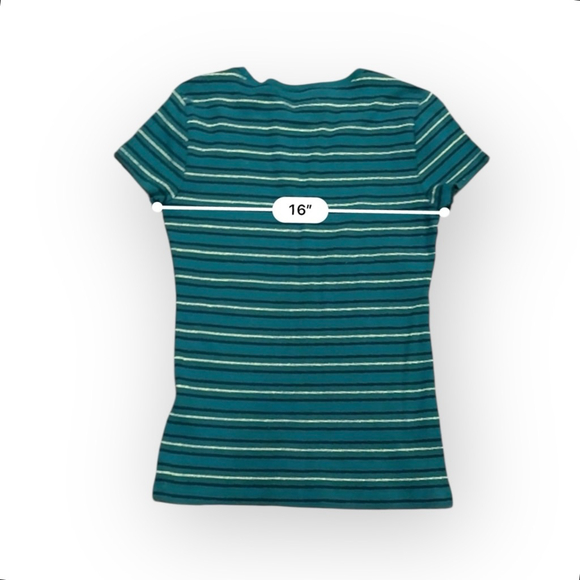 Tommy Hilfiger Women’s Striped T-Shirt Size M Green/Gold Short Sleeve Logo Tee - Picture 5 of 7